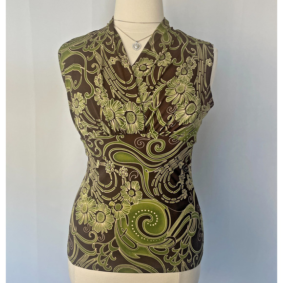 Y2K Tank Top Size Large L Brown Green Floral Empire Waist Babydoll Stretch Boho - Picture 1 of 9